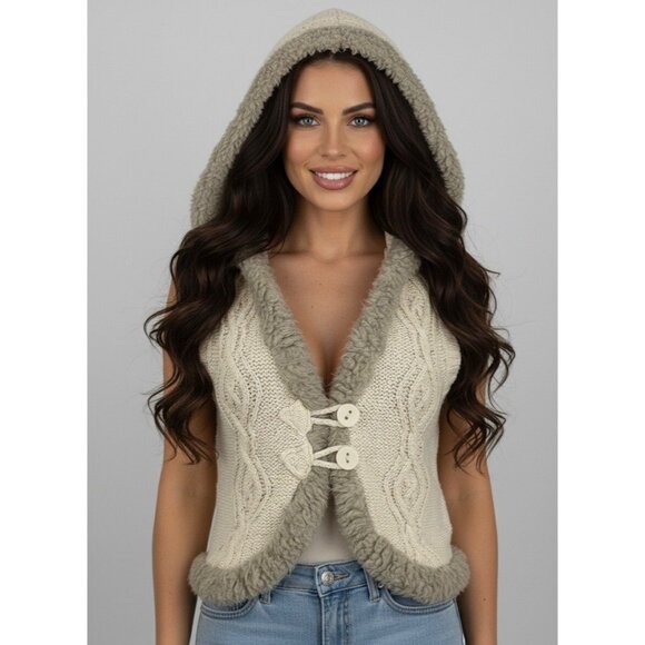 Vtg Y2K Old Navy Cream Cable Knit Faux Shearling Trim Hooded Boho Sweater Vest L - Picture 3 of 16